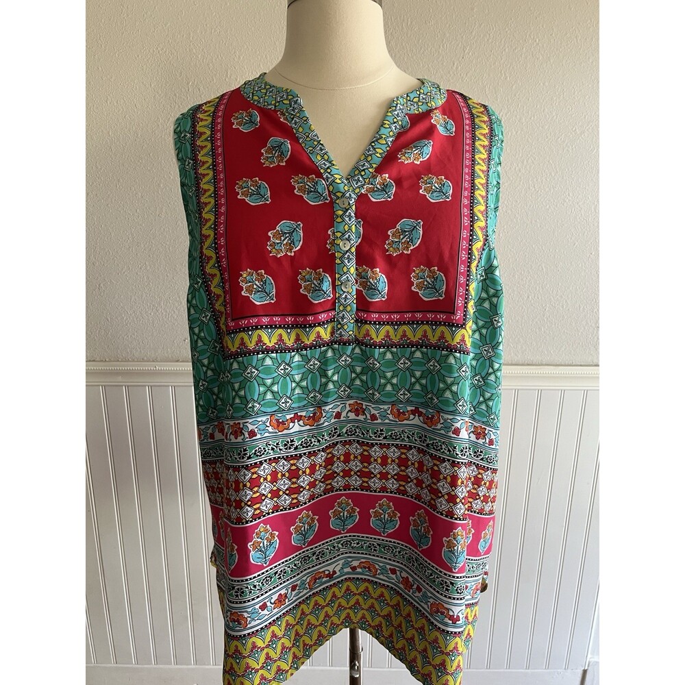 Women's Sleeveless Blouse Tunic Italian Tablecloth Print Art to Wear Colorful 2X